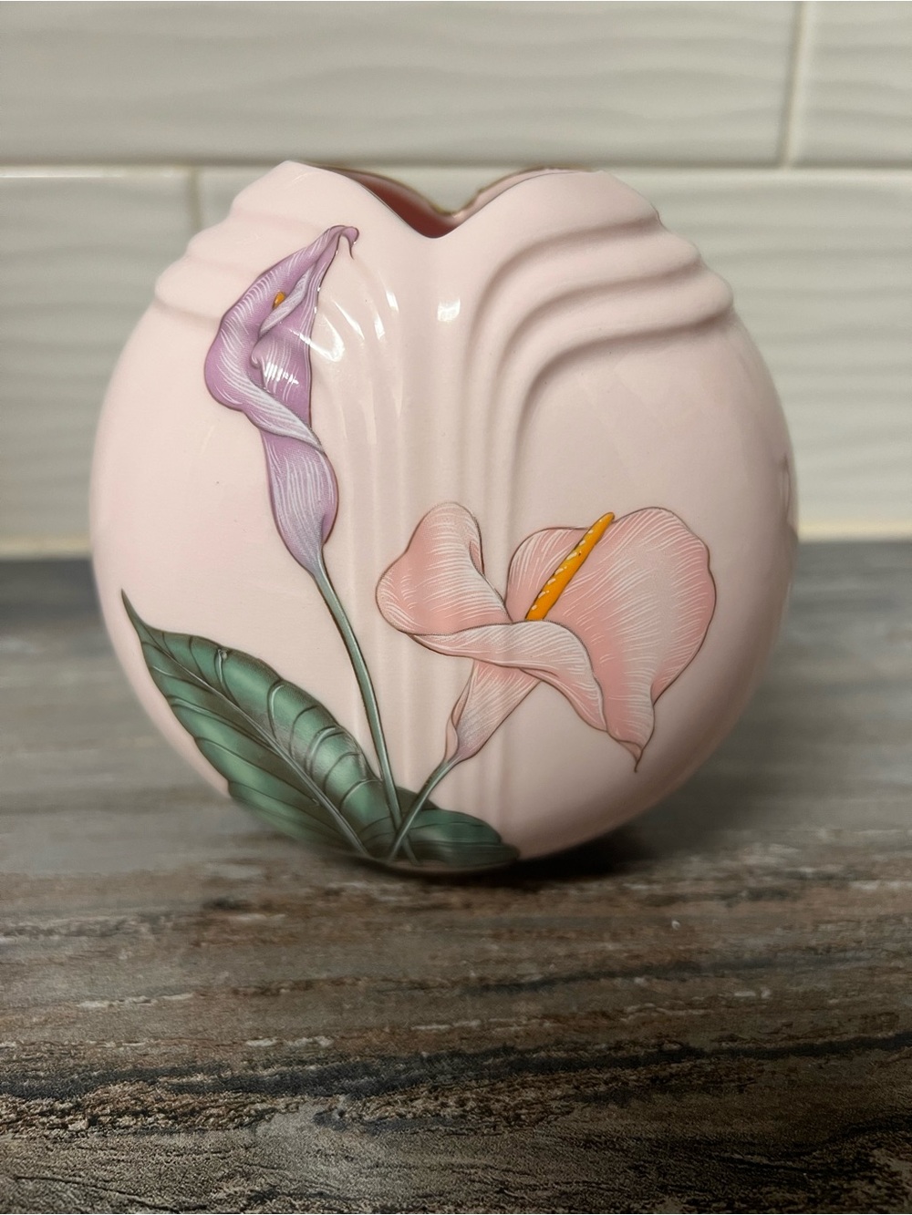 Vintage 1980s Japan Pink Vase with Lily